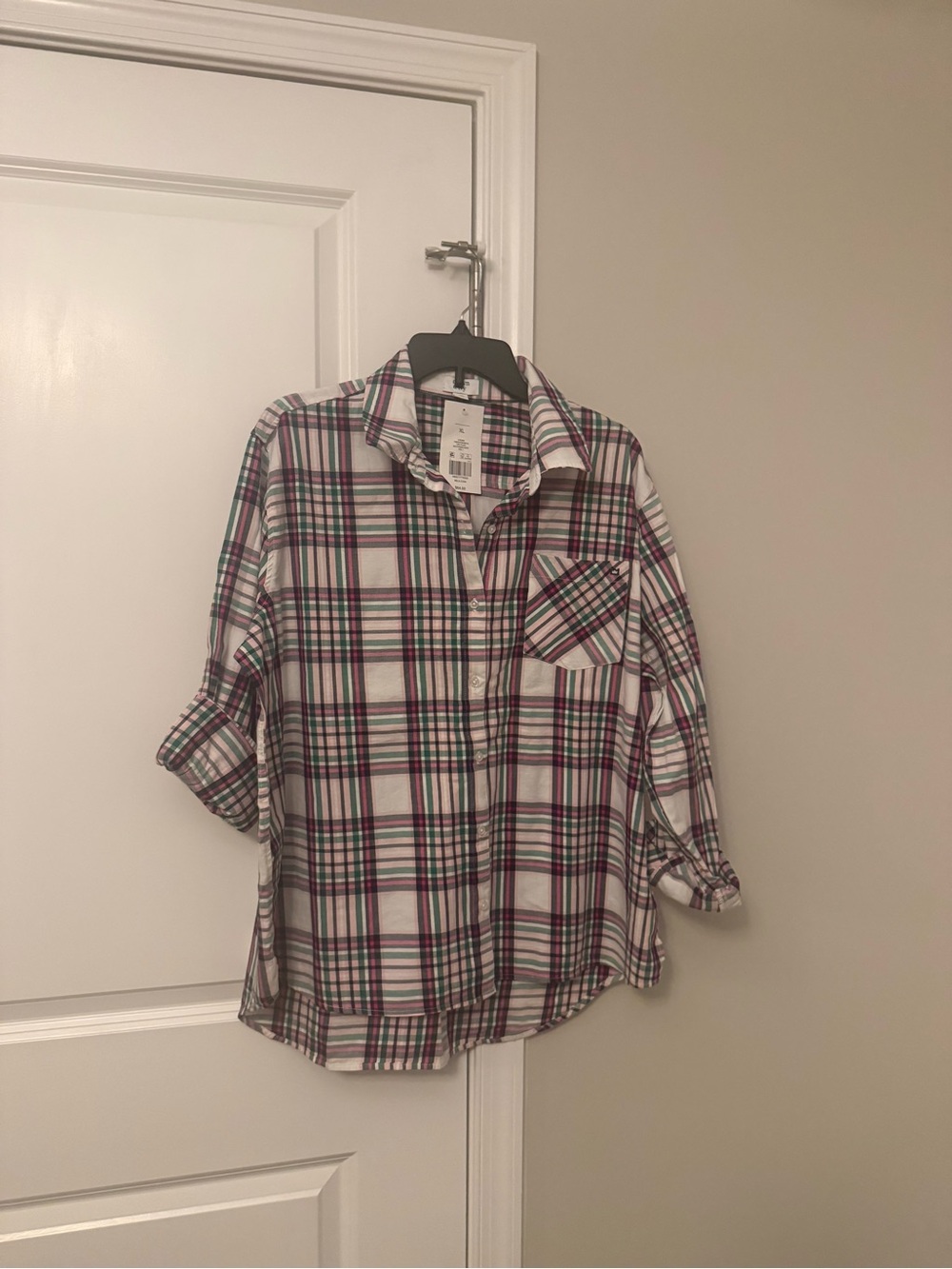 croft & barrow White Plaid Button-Down Shirt with Black & Pink Stripes